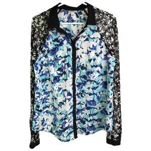 Peter Pilotto For Target Blouse Womens M Blue Floral Lace Sleeves‎ Button Front